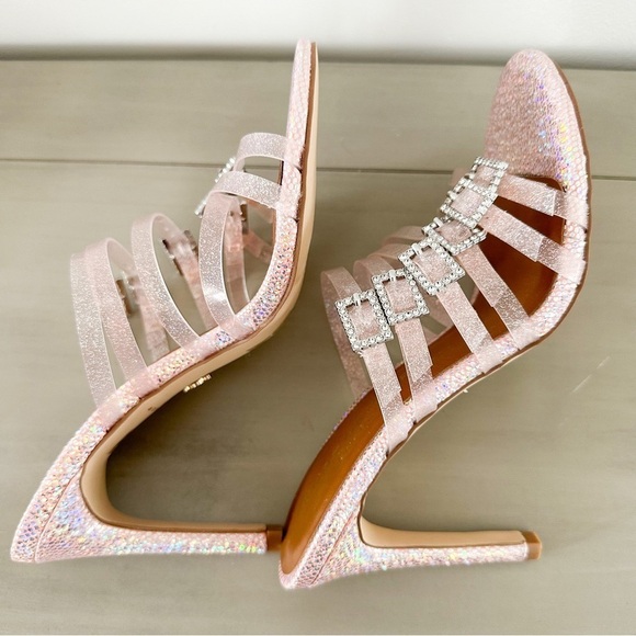 NEW Kurt Geiger London Pierra Vinyl Strap Embellished Buckle Dress Sandals pink - Picture 13 of 13